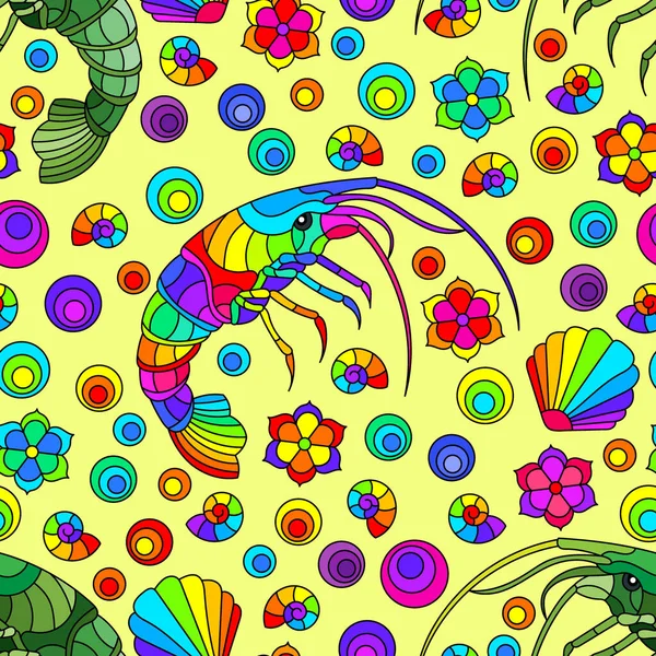Bezešvé Ilustrace Barevnými Krevetami Květinami Mušlemi Zvířata Žlutém Pozadí — Stockový vektor