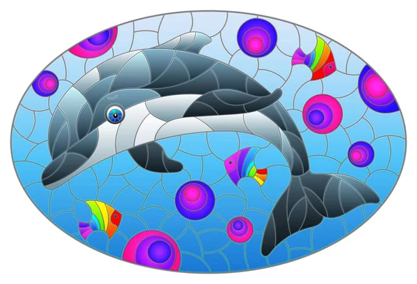 Ilustrace Stylu Vitrážového Okna Roztomilým Kresleným Delfínem Vodním Pozadí Oválný — Stockový vektor