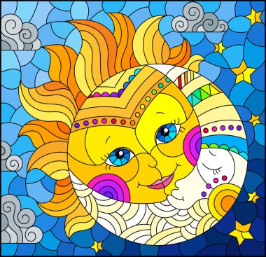 Mavi gökyüzü arka planında şirin bir güneş ve aya sahip, dikdörtgen bir pencerenin tasviri