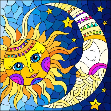 Mavi gökyüzü arka planında şirin bir güneş ve aya sahip, dikdörtgen bir pencerenin tasviri