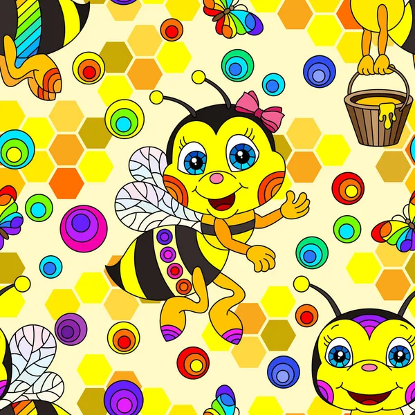 Patrón Sin Costuras Con Lindas Abejas Dibujos Animados Flores Panales — Vector de stock