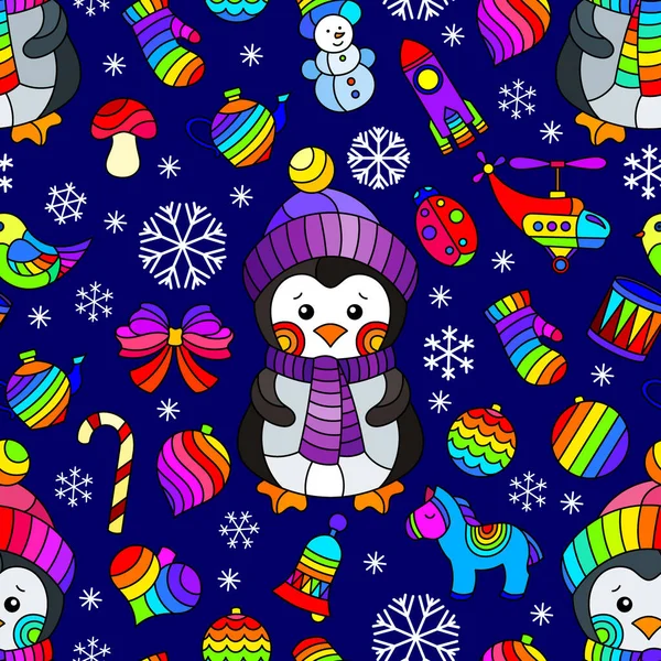 Zökkenőmentes Minta Téma Karácsony Fényes Karácsonyfa Játékok Pingvinek Hópelyhek Kék — Stock Vector