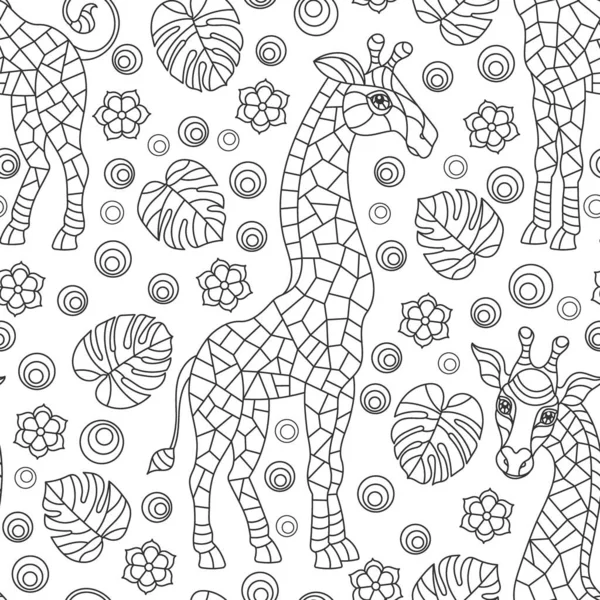 Бесшовный Рисунок Жирафами Темный Контур Радуги Животных Цветы Листья Белом — стоковый вектор
