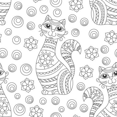 Kusursuz desenli, hatları olan kediler ve beyaz bir arka planda vitray şeklinde çiçekler.