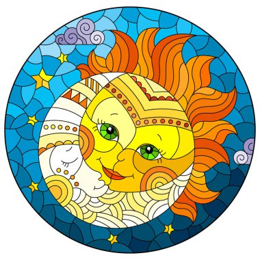 Mavi gökyüzü arka planında şirin bir güneş ve aya sahip, boyalı cam pencere tarzında bir resim, yuvarlak bir resim.