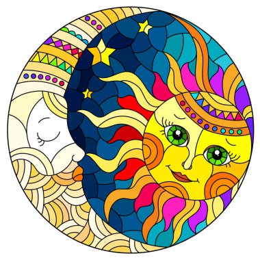 Mavi gökyüzü arka planında şirin bir güneş ve aya sahip, boyalı cam pencere tarzında bir resim, yuvarlak bir resim.