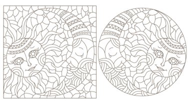 A set of contour illustrations in the style of a stained glass window with a cute sun and moon, dark contours on a white background clipart