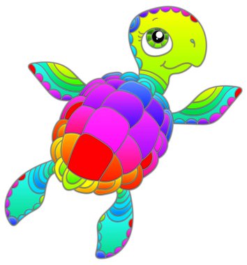 Parlak bir çizgi film kaplumbağası olan vitray pencereli bir resimde, hayvan beyaz bir arka planda izole edilmiştir.