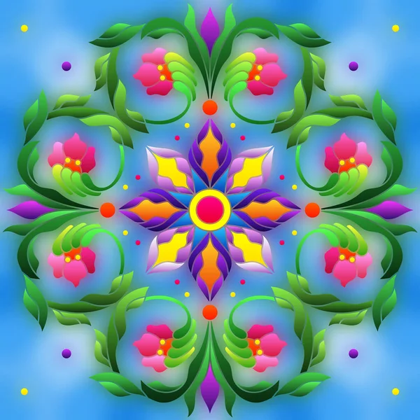 16370Illustration Stained Glass Style Abstract Flower Arrangement Blue Background Square — ストックベクタ