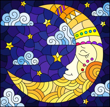 Bulutlu gökyüzü arkaplanında ay ve yatay yönelimli boyalı camlar.