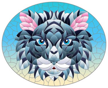 Kırmızı zemin üzerinde kaplan kafası olan boyalı cam resim, yuvarlak resim.