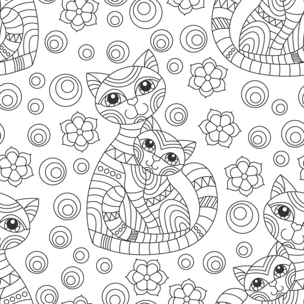 Seamless Pattern Dark Contour Cats Flowers Stained Glass Style White — Stock Vector