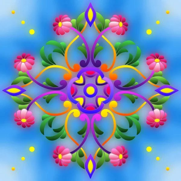 Ilustração Estilo Vitral Com Arranjo Flores Abstratas Fundo Azul Imagem —  Vetores de Stock