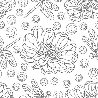 Kusursuz desenli, koyu renk hatlı çiçekler ve yusufçuklar. Beyaz arka planda renkli cam, çiçek ve böcekler tarzında.