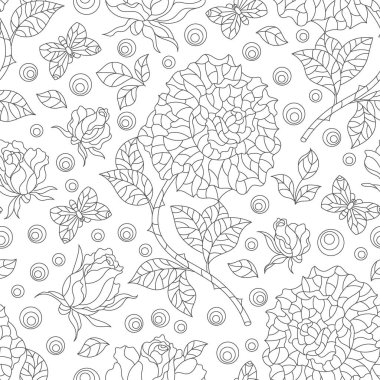 Gül çiçekleri ve kelebeklerle kusursuz desenler, beyaz arka planda koyu renkte çiçekler ve böcekler.