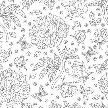 Gül çiçekleri ve kelebeklerle kusursuz desenler, beyaz arka planda koyu renkte çiçekler ve böcekler.