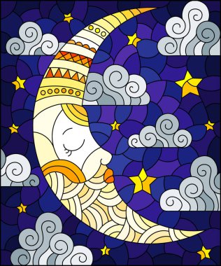 Bulutlu gökyüzü arkaplanında ay ve yatay yönelimli boyalı camlar.