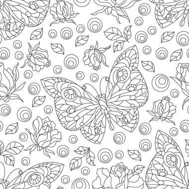 Pürüzsüz desenli. Gül çiçekleri ve kelebekler. Beyaz arka planda koyu renkli çiçekler ve böcekler.