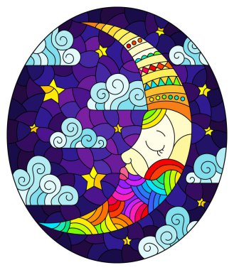 Bulutlu gökyüzü arka planında ay ve oval görüntü ile renklendirilmiş cam tarzı bir resim