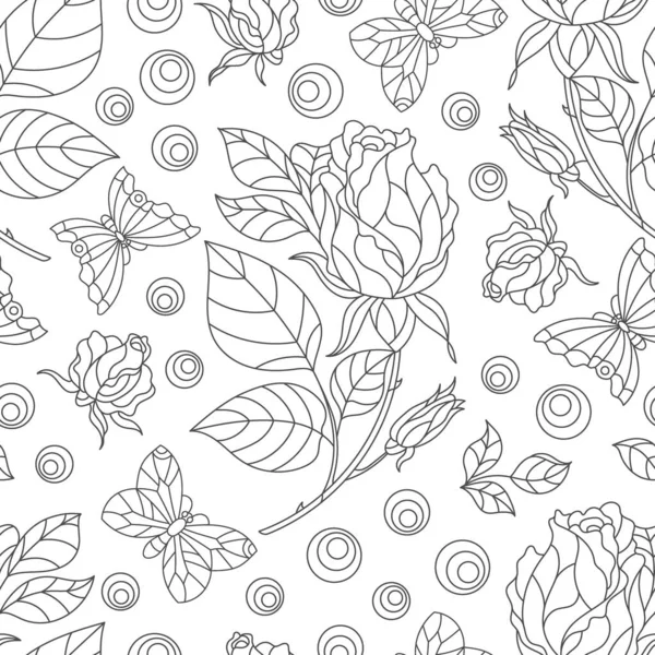 Koyu renk hatları olan kusursuz desen. Gül çiçekleri ve kelebekler, özet çiçekleri ve beyaz arka plandaki böcekler.