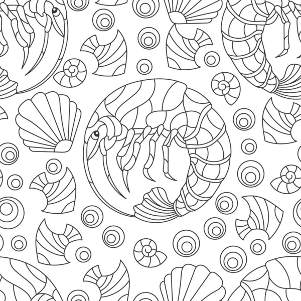 Seamless Illustration Dark Contour Shrimps Fishes Shells Outline Animals White — Stockový vektor