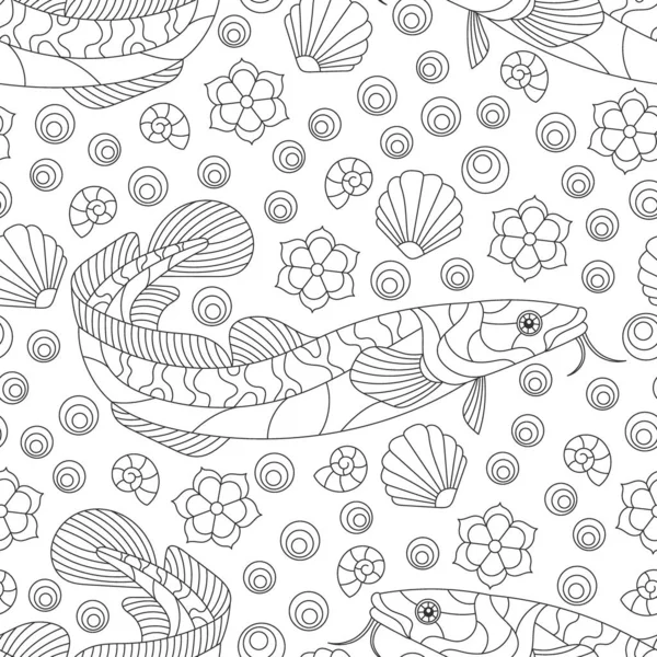 Seamless Pattern Abstract Dark Contour Fishes Shells White Background — Stockový vektor