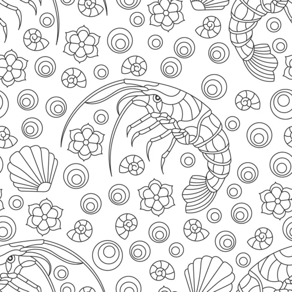Seamless Illustration Dark Contour Shrimps Flowers Shells Outline Animals White — Stockový vektor