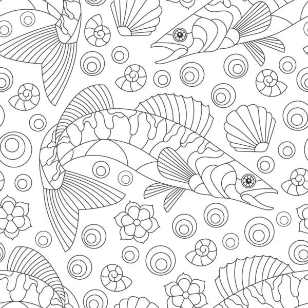 Seamless Pattern Abstract Dark Contour Fishes Shells White Background — Stockový vektor