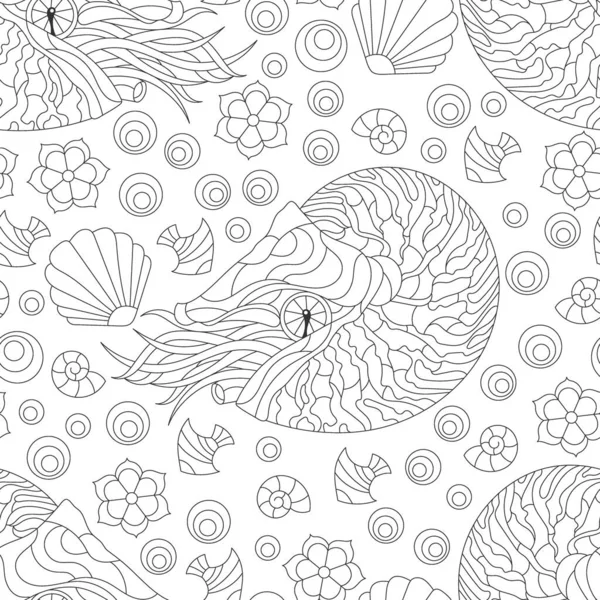 Seamless Pattern Dark Contour Nautilus Shells Fish Outline Animals White — Stockový vektor