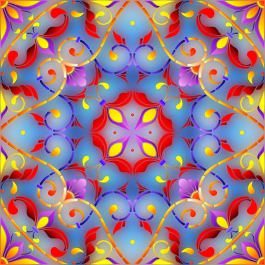 Mavi arkaplan üzerinde soyut bir çiçek düzeniyle mozaik cam tarzında resimleme, kare resim