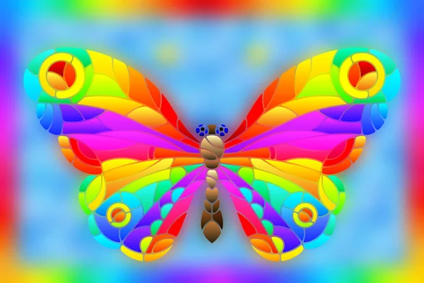 Illustration Glasmalereistil Mit Einem Hellen Regenbogenschmetterling Auf Blauem Hintergrund Einem — Stockvektor