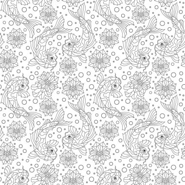 Kusursuz desenli koyu renkli sazan balıkları, nilüfer çiçekleri ve baloncuklar beyaz arka planda.