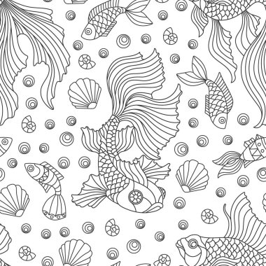 Deniz teması üzerinde kusursuz desenler. Koyu hatlı balıklar ve deniz kabukları. Beyaz arka plandaki ana hatlı balıklar.