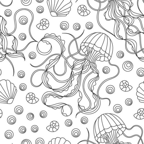 Seamless Pattern Marine Theme Dark Contour Jellyfishes Shells Outline Fishes — Stock Vector