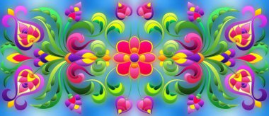 Mavi arka planda soyut girdaplar, çiçekler ve yapraklar ile boyalı cam tarzında resim, yatay yönelim