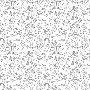 Yeni yıl ve Noel için kusursuz desen, komik koyu renkli çizgi film geyiği kış eğlencesi için, beyaz arka plandaki ana hatlı hayvanlar.