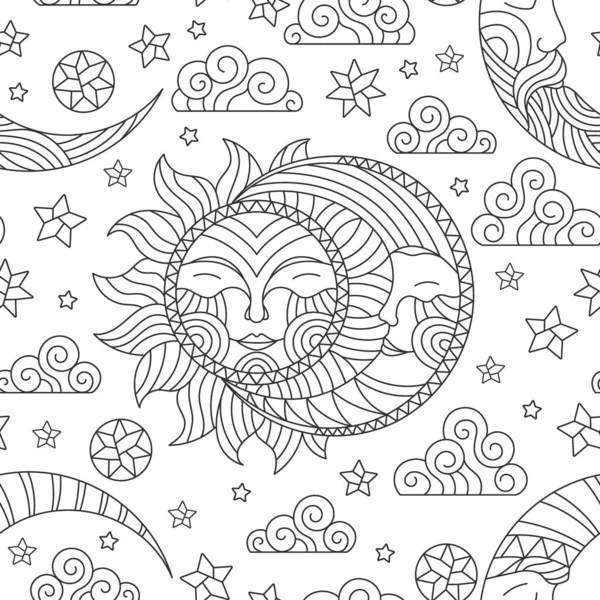 Seamless pattern with dark contour suns and moons on a white background with stars and clouds