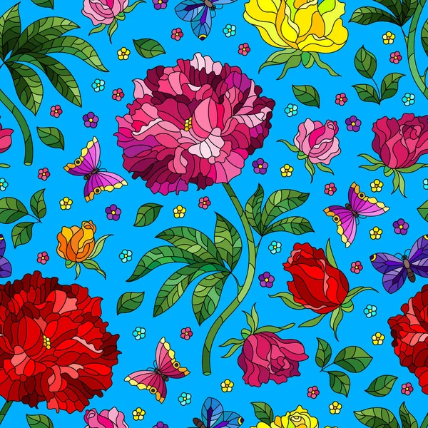 Nahtloses Muster Mit Rosenblüten Und Schmetterlingen Hellen Blumen Und Insekten — Stockvektor