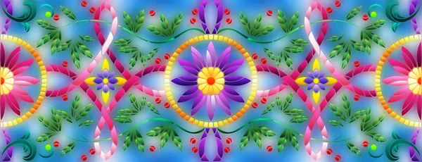 Illustration Vitrail Avec Des Fleurs Abstraites Des Feuilles Des Boucles — Image vectorielle
