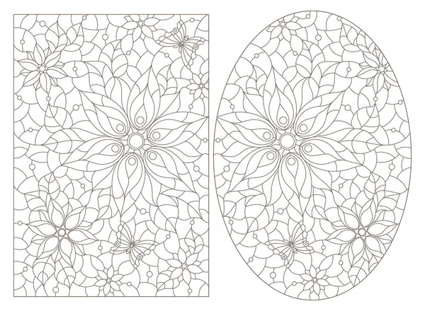 Una Serie Illustrazioni Contorno Nello Stile Vetrate Con Composizioni Floreali — Vettoriale Stock