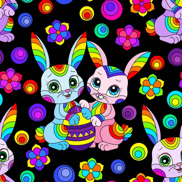 Seamless Pattern Theme Easter Holiday Cute Cartoon Bright Rabbits Flowers — Stock Vector