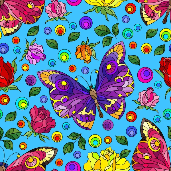 Nahtloses Muster Mit Rosenblüten Und Schmetterlingen Hellen Blüten Und Insekten — Stockvektor