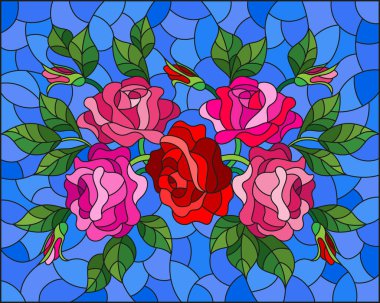 Mavi arka planda parlak pembe güller ve dikdörtgen bir resimle renklendirilmiş cam tarzı bir resim.