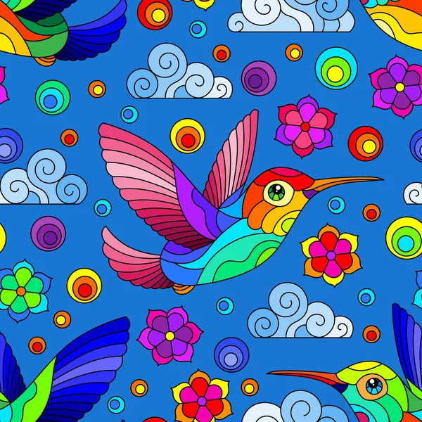 Nahtloses Muster Mit Hellen Kolibris Wolken Und Blumen Hellen Vögeln — Stockvektor