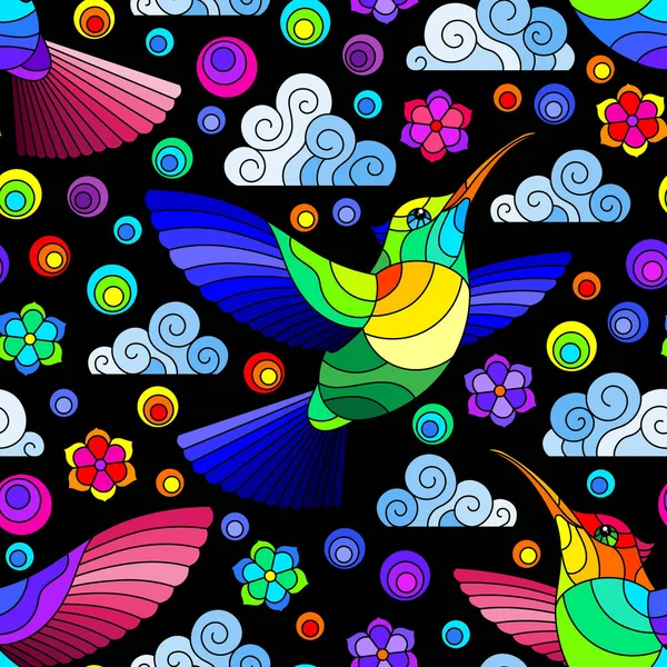 Motif Sans Couture Avec Des Oiseaux Colibris Lumineux Des Nuages — Image vectorielle