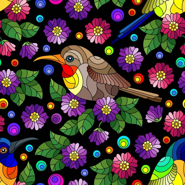 明るい鳥や花や葉を黒い背景にしたシームレスなパターン — ストックベクタ