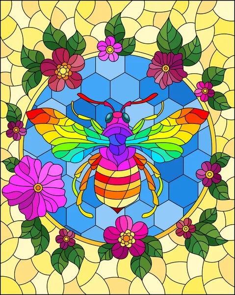 Illustration Style Stained Glass Window Bee Circle Background Honeycombs Bright — Stock Vector