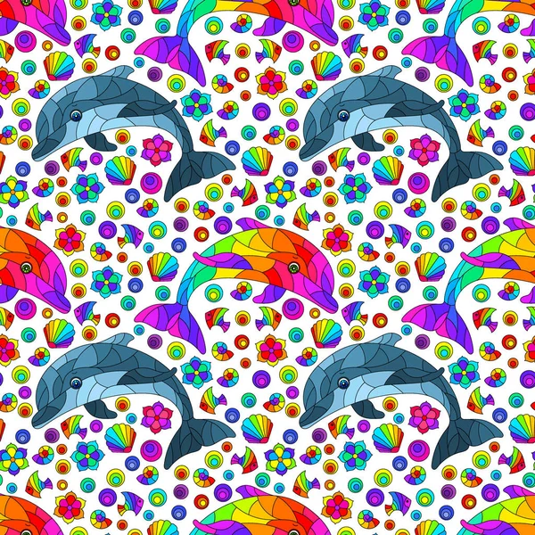 Naadloos Patroon Met Heldere Cartoon Dolfijnen Schelpen Dieren Een Witte — Stockvector