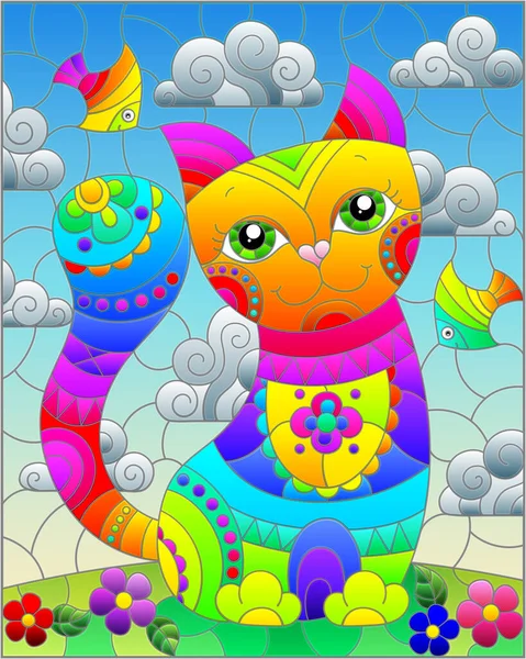 Stained Glass Illustration Rainbow Cartoon Cat Blue Sky Clouds Rectangular — Stock Vector