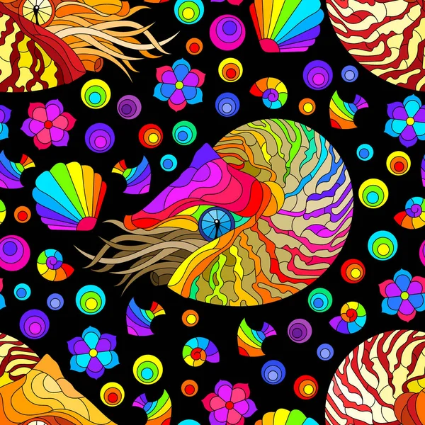 Motif Sans Couture Avec Nautilus Lumineux Coquillages Poissons Animaux Sur — Image vectorielle